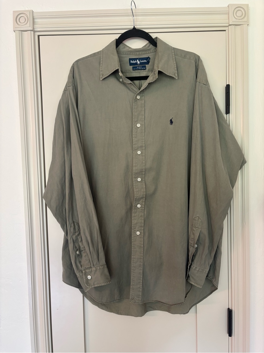 Vintage 90s Ralph Lauren Blake Silk Cotton Blend Shirt Green Navy Boxy Fall L